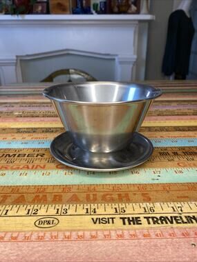 Vintage Raimond Stainless Steel Bowl Attached Saucer Mid Century Tableware MCM